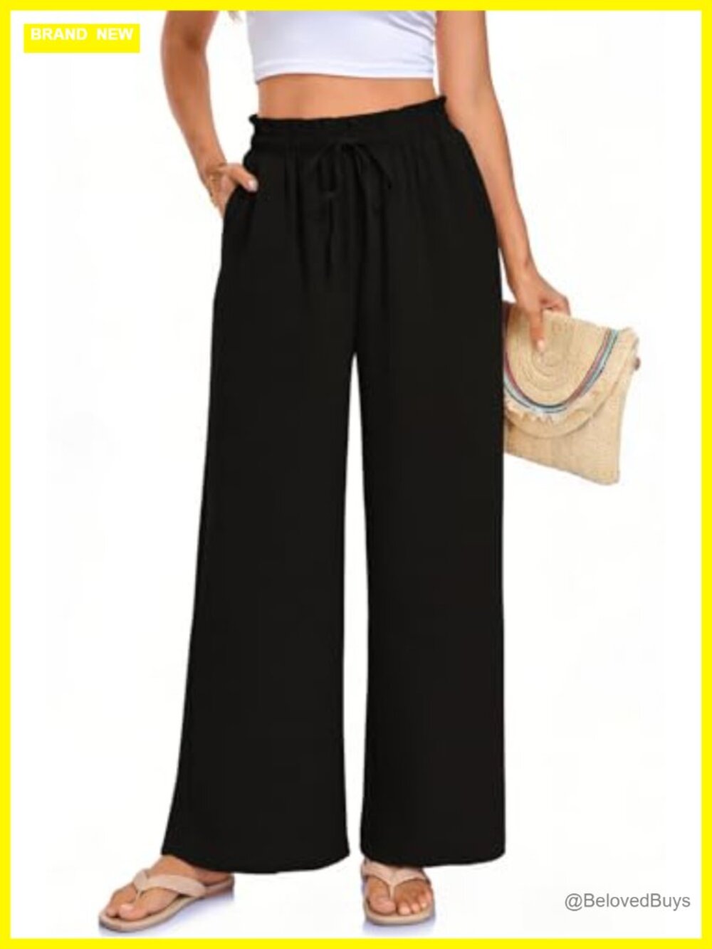 Plus Size Wide Leg Palazzo Beach Pants with Pockets High Waist Drawstring